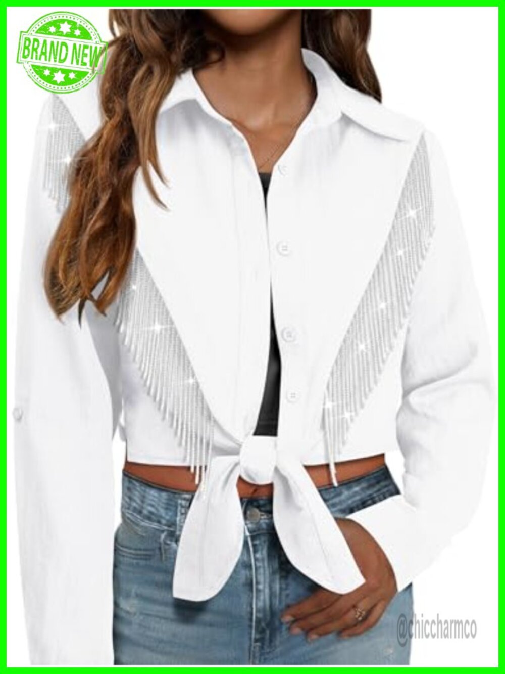 Sparkly Rhinestone Fringe Button Down Western Cowgirl Shirt Rolled 3/4 Sleeve